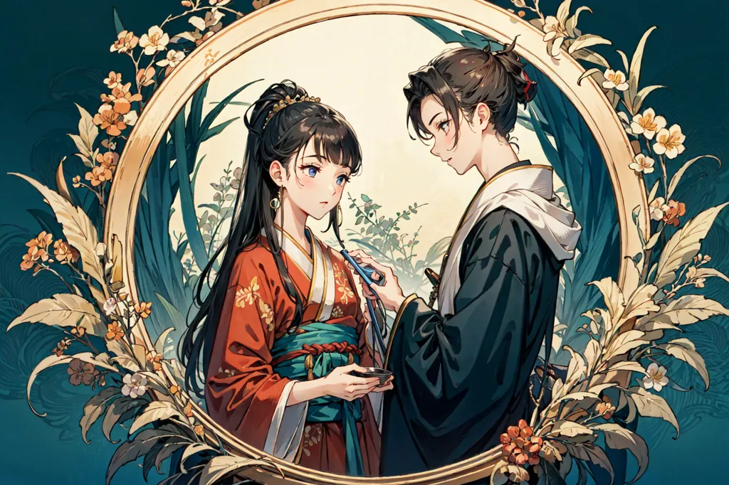 This image is of two people, one with long black hair and the other with black hair tied in a bun. They are both wearing traditional Chinese clothing and are surrounded by a circular frame decorated with flowers and leaves. The person on the left is holding a cup and the person on the right is holding a brush. The background is a dark blue with a gradient to lighter blue at the top.