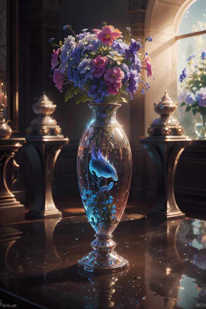 L'image est une belle nature morte d'un vase de fleurs. Le vase est posé sur une table sombre. Les fleurs sont de diverses couleurs, notamment rose, bleu et violet. Il y a aussi un petit poisson nageant dans l'eau au fond du vase. L'arrière-plan est bleu foncé avec une lumière bleu clair qui brille sur le vase.