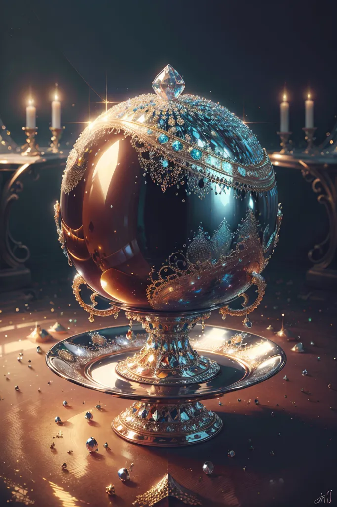 The image shows an exquisite golden egg with blue and green gems. It is sitting on a golden pedestal. The egg is covered in intricate designs and has a large clear gem on top. There are candles and small gems scattered around the pedestal. The background is dark with a spotlight shining on the egg.