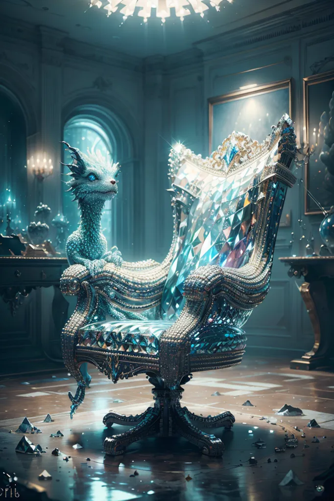 A imagem é uma renderização 3D de um dragão azul e branco sentado em um trono de diamante em um grande salão. O dragão está usando uma coroa dourada e tem um corpo longo e serpentino coberto de escamas. O trono é feito de diamantes e tem um encosto alto e apoios de braço. O salão é decorado com colunas de mármore e um grande lustre. Há também várias pinturas nas paredes. O chão é coberto por um tapete azul.