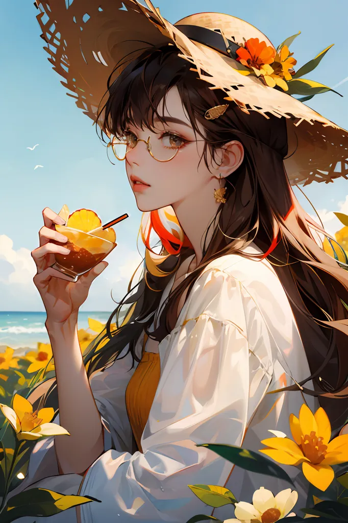 Una chica de anime con el cabello largo y marrón oscuro lleva un sombrero de paja con un patrón de flores y una camisa blanca. Está bebiendo de un vaso transparente con una rodaja de naranja dentro. Está de pie en un campo de flores amarillas y el océano se ve en el fondo.