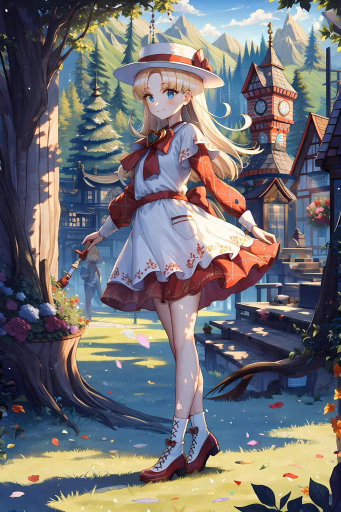 The image is of a young girl with long blond hair and blue eyes. She is wearing a white blouse, a red skirt, and a white hat. She is standing in a forest clearing, and there is a village in the background. The girl is holding a paintbrush in her right hand. She is smiling.