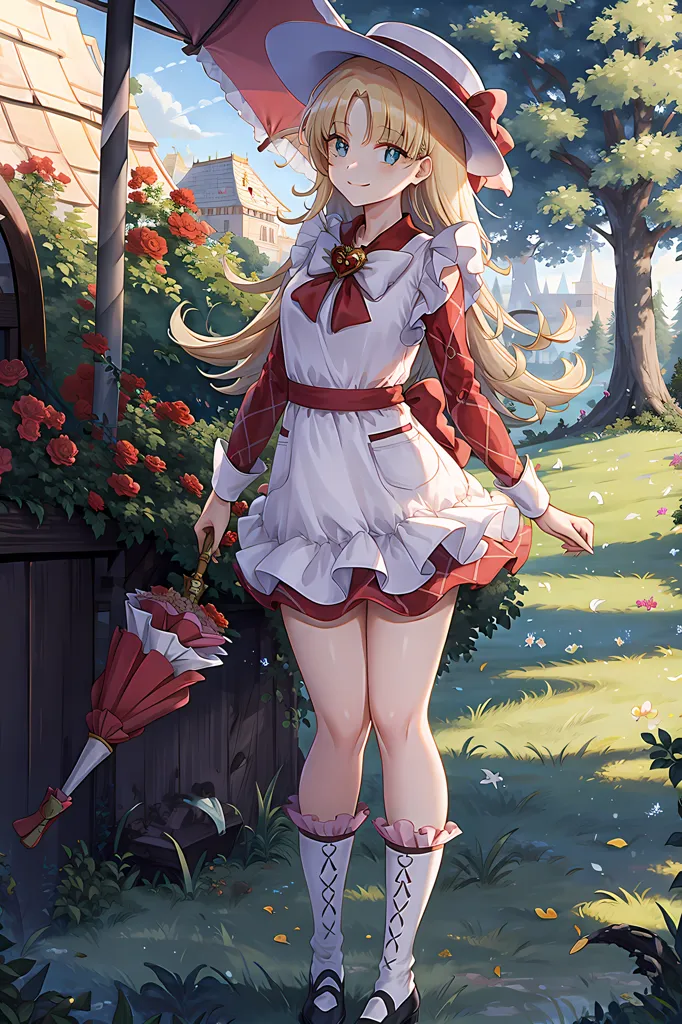 The image is of a young woman with long blond hair and blue eyes. She is wearing a red and white dress with a white apron. She is also wearing a red hat with a white ribbon. She is holding a red umbrella. She is standing in a field of flowers with a castle in the background.