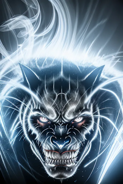 The image is a black panther with glowing white eyes and mouth. It is surrounded by a white mist or smoke. The panther is in a crouched position and looks like it is ready to attack. The background is dark blue.