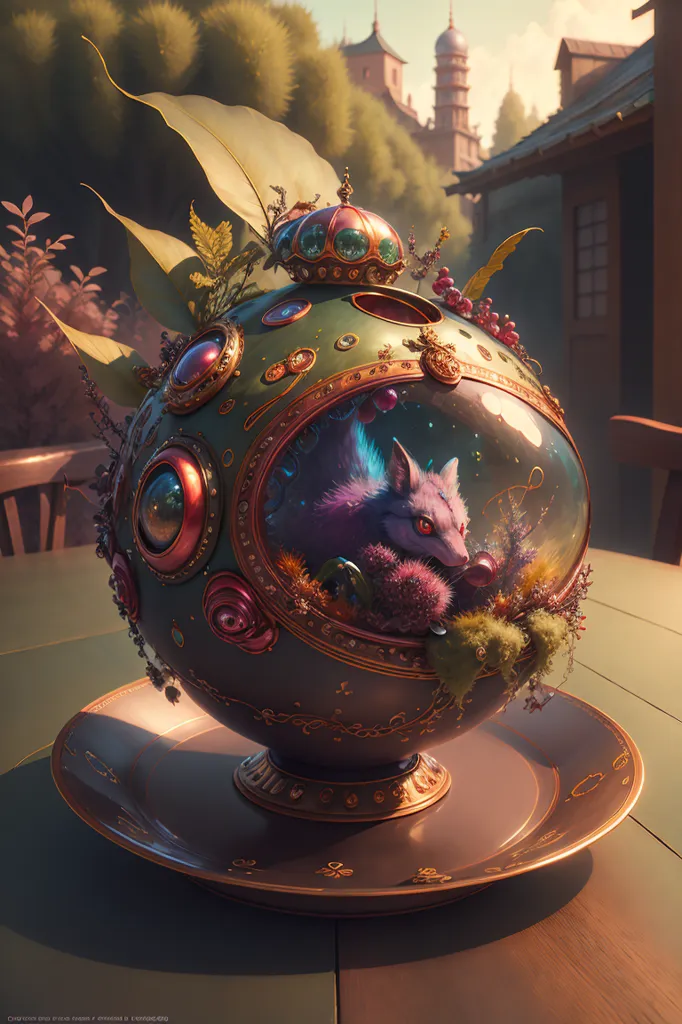 The image is a 3D rendering of a glass sphere with a fox inside. The sphere is decorated with various jewels and gems. The fox is sitting on a bed of moss and flowers. The sphere is sitting on a golden plate on a wooden table. The background is a blurred image of a forest.