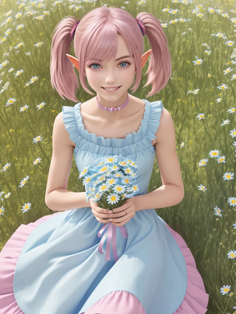 The image shows a young girl with pink hair and blue eyes. She is wearing a blue dress with a pink sash and has a pink bow in her hair. She is sitting in a field of flowers, holding a bouquet of white and yellow flowers. The girl has a smile on her face and looks happy and carefree.