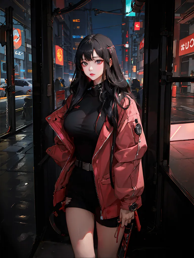 The image is a digital painting of a young woman standing in a dark alleyway. She is wearing a red jacket, a black turtleneck sweater, and black shorts. She has long black hair and red eyes. She is also wearing a black belt with a silver buckle. She is standing in front of a door with a red light above it. There are also some people walking in the background.