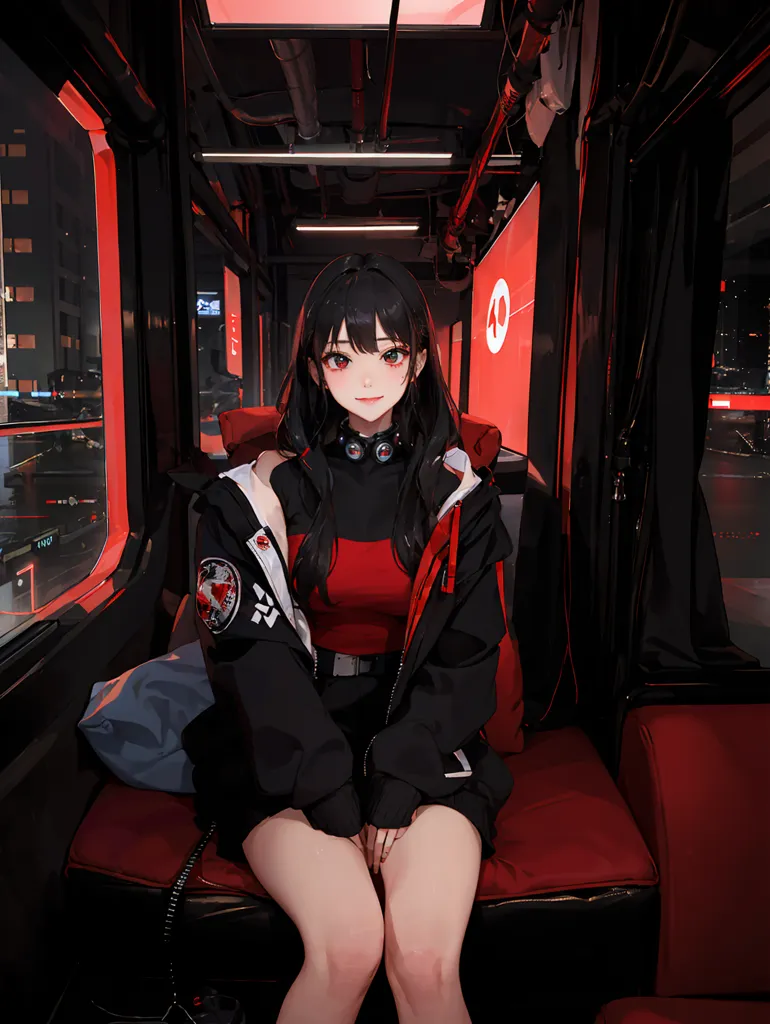 この画像は、電車やその他の公共交通機関に座っている若い女性の描写です。彼女は長い黒髪、赤い目をしており、黒のジャケット、赤いシャツ、ヘッドホンを着用しています。背景はぼやけた赤と黒で、遠くに少しの明るい光が見えます。