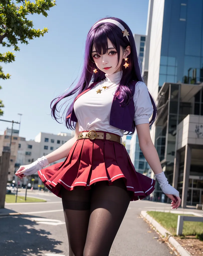 The image shows a young woman with purple hair and purple eyes. She is wearing a white shirt, a red pleated skirt, and a brown belt. She is also wearing black stockings and white gloves. She has a star-shaped hair accessory in her hair and is standing in front of a modern glass and concrete building.