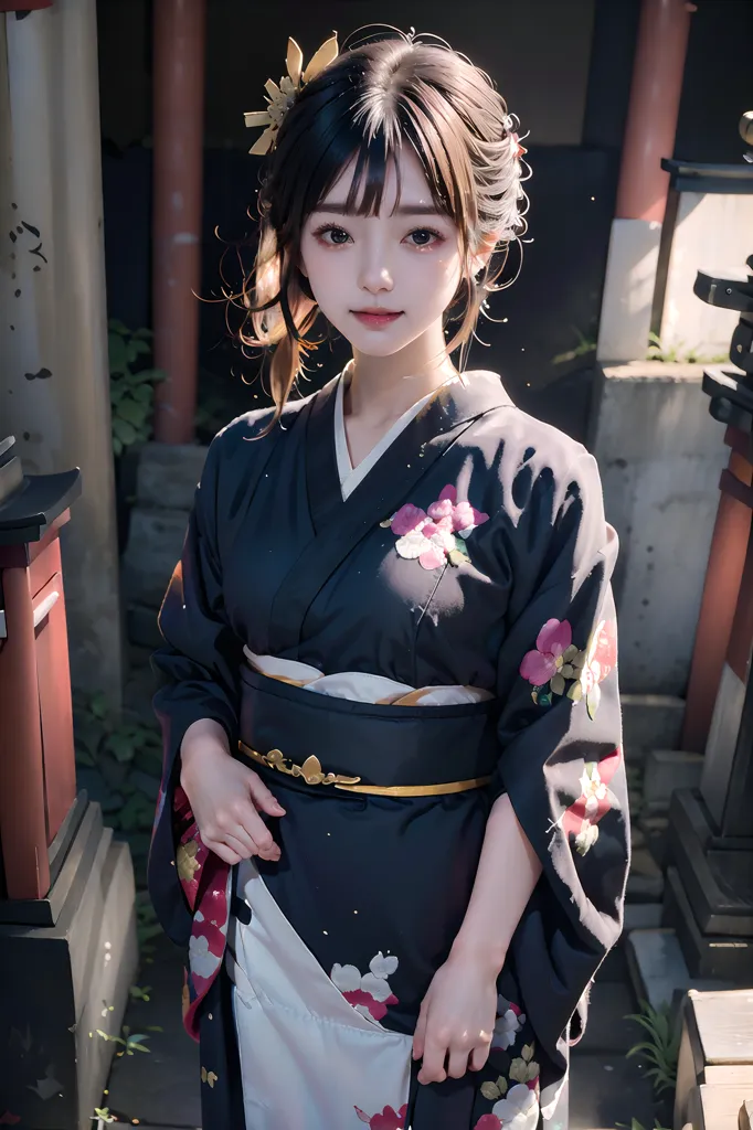 The image shows a young woman wearing a black kimono with pink and white floral patterns. The kimono is tied with a golden obi sash. She has long black hair with bangs and brown eyes. She is standing in a traditional Japanese garden with red and white stone lanterns.