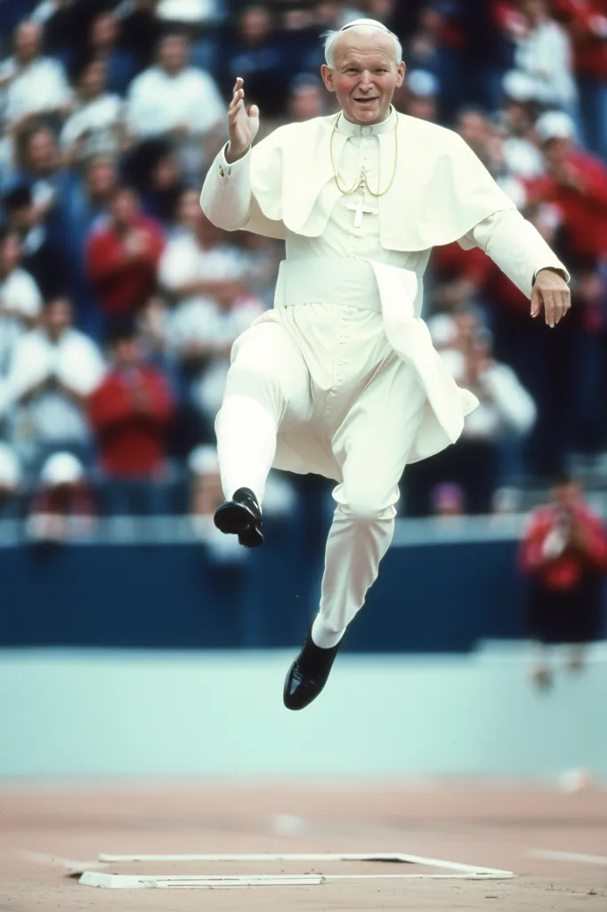 The image shows Pope John Paul II jumping in the air while wearing a white cassock and a white zucchetto. He has his arms outstretched and his face is joyful. He is surrounded by a crowd of people who are cheering him on. The background is a stadium with a red running track.