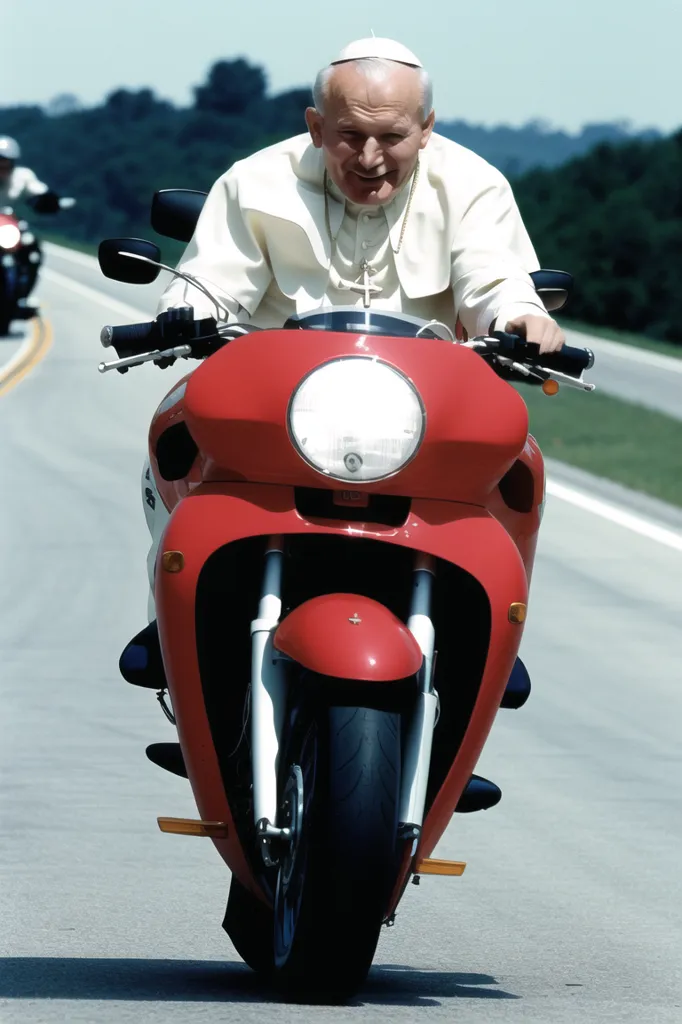 L'image montre le pape Jean-Paul II chevauchant une moto Ducati rouge. Il porte une soutane blanche et un cape rouge. Il sourit et a les mains sur le guidon. Il y a des arbres et des collines en arrière-plan.