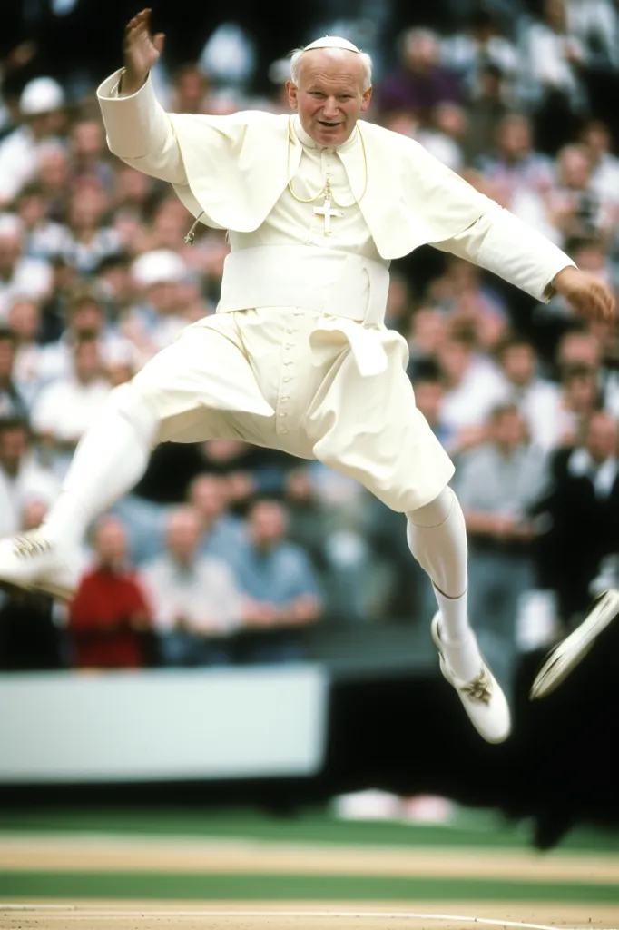 The photo shows Pope John Paul II jumping in the air while playing tennis. He is wearing a white cassock and a white zucchetto. His arms are outstretched, and his face is joyful. The background is a blurred crowd of people.