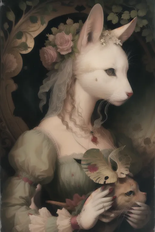 The image is a portrait of a cat with a woman's body. The cat is wearing a green dress with a white collar and has a white rose in its hair. It is holding a mask in its right hand and has a small cat sitting on its left shoulder. The background is a dark green with a few leaves and flowers. The painting is done in a realistic style and the cat's expression is serious and contemplative.