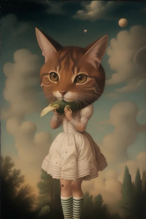 The image shows a cat-headed girl in a white dress standing in a field. The girl is holding a partially peeled pear in her hands. She is standing in front of a dark background with clouds and two moons. The girl's eyes are wide and her expression is serious.