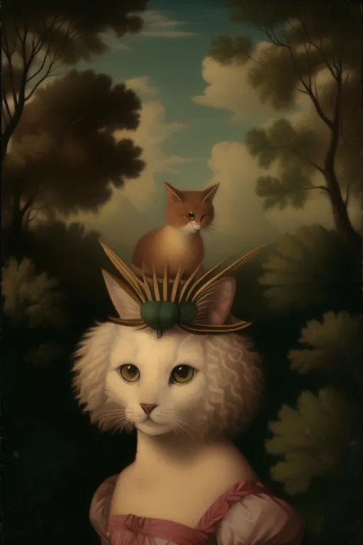 The image is a painting of a white cat wearing a pink dress with a green bug on its head and a small orange cat on top of the bug. The white cat is sitting in a dark forest and looking at the viewer. The painting is done in a realistic style and the colors are muted.