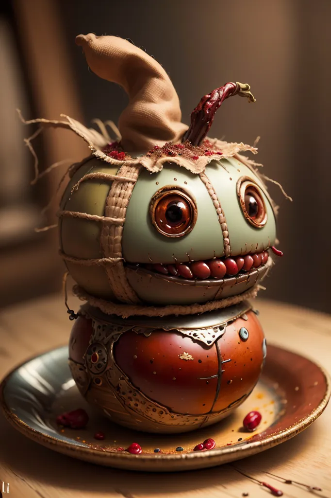 La imagen muestra una cabeza de calabaza con estilo steampunk sobre un plato. La cabeza de calabaza tiene una sonrisa dentada y está decorada con varios objetos metálicos, incluyendo un engranaje, una rueda dentada y una pequeña puerta. La cabeza de calabaza también lleva un sombrero hecho de paja y tiene un lazo rojo atado alrededor del cuello. El plato está decorado con cuentas rojas.