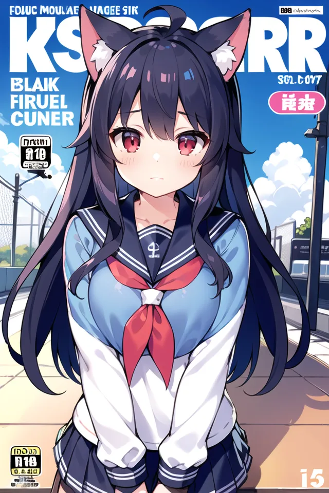 The image is of a young woman with long black hair and red eyes. She is wearing a white shirt, a blue tie, and a gray skirt. She has a cat ears headband on and is looking at the viewer with a shy expression. She is standing in a schoolyard, with a building in the background. The image is drawn in a realistic style, with soft shading and detailed textures.