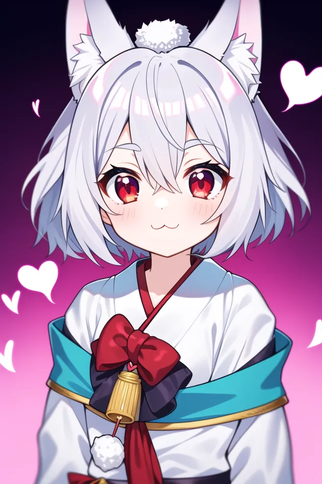 The image is of an anime-style girl with white hair and red eyes. She has cat ears and is wearing a kimono. The background is pink and there are hearts floating around her. The girl is smiling and has a happy expression on her face.