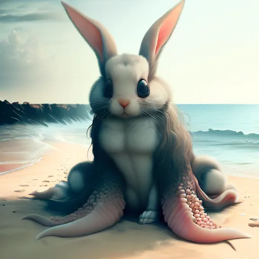 The image shows a strange creature sitting on the beach. It has the head and ears of a rabbit, but the body of an octopus. Its fur is white and its eyes are blue. The creature is sitting on the sand, and its tentacles are wrapped around its body. In the background, there is a sea.