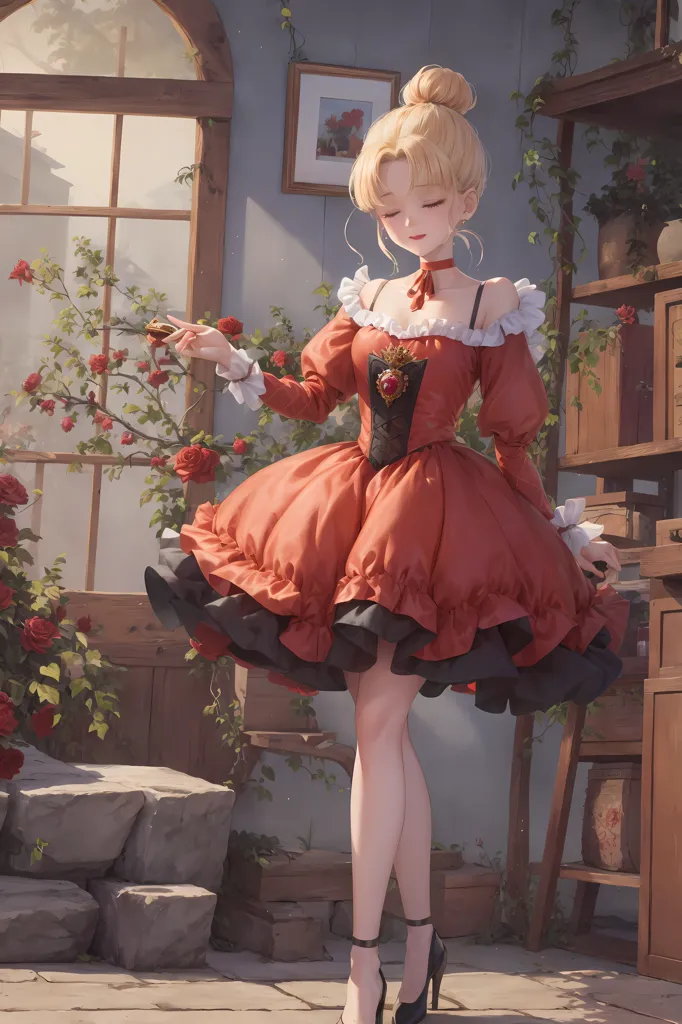 The image shows a beautiful anime girl with long blond hair and blue eyes. She is wearing a red and black dress with a white camisole and black high heels. She is standing in a room with a large window and a wooden shelf with books and other objects on it. There are also some flowers and plants in the room. The girl is holding a rose in her right hand. She has a gentle smile on her face and her eyes are closed.