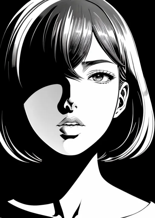 A black and white illustration of a young woman with short hair and a serious expression on her face. She is looking at the viewer with her left eye, while her right eye is in shadow.