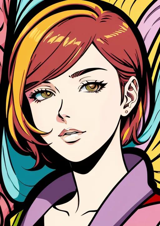 This is a picture of a young woman with short reddish brown hair. The tips of her hair are a bright yellow. She has tan skin and light brown eyes. She is wearing a purple shirt with a pink collar. The background is a bright yellow with blue and pink accents. The image is drawn in a pop art style.