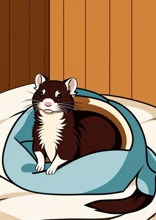 Ceci est une caricature de furet assis dans une couverture bleue. Le furet est brun et blanc avec une longue queue. La couverture se trouve à l'intérieur d'une structure en bois, peut-être une maison ou une grange.