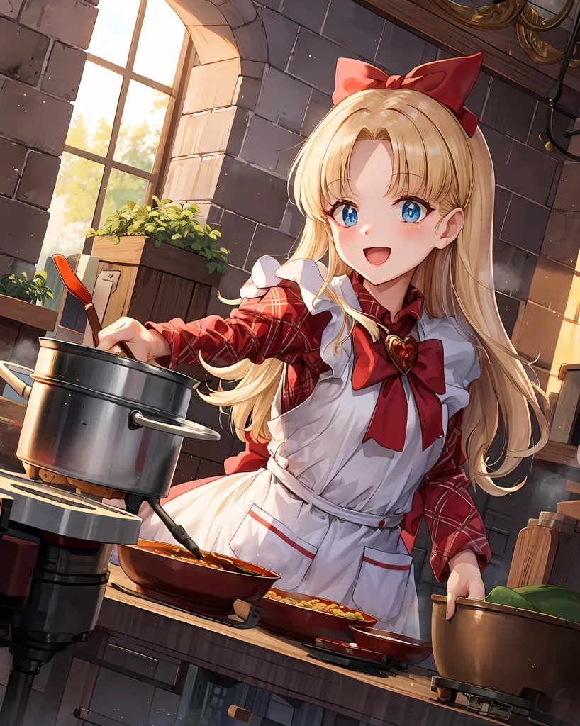 The image shows a young girl with long blond hair and blue eyes. She is wearing a red and white checkered shirt, a white apron, and a red bow in her hair. She is cooking in a kitchen and is stirring a pot of soup. There is a bowl of soup on the table. The girl is smiling and looks happy. The background of the image is a brick wall with a window.