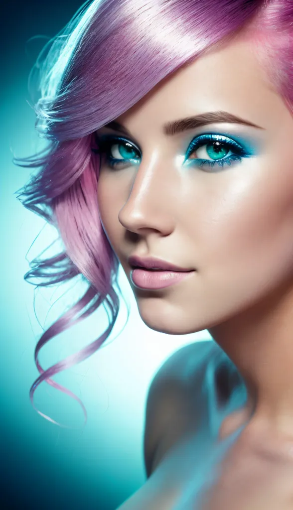 A imagem mostra uma jovem mulher com cabelo rosa e olhos azuis. Ela está usando sombra azul e tem um blush rosa em suas bochechas. Seus lábios estão ligeiramente entreabertos e ela tem um sorriso suave no rosto. Ela está olhando para a câmera com a cabeça ligeiramente inclinada para a direita. Seu cabelo está estilizado com cachos soltos e ela está usando um vestido branco com decote coração. O fundo é de cor azul claro e há um holofote brilhando sobre ela.