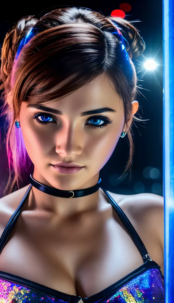 The image shows a young woman with blue eyes and brown hair. She is wearing a black choker and a black and blue sequin bikini top. Her hair is in two buns on top of her head and she has blue eyeshadow on. She is looking at the camera with a serious expression. There is a blue light on her right side and a red light on her left side. The background is black with some blurry red and yellow lights in the back.