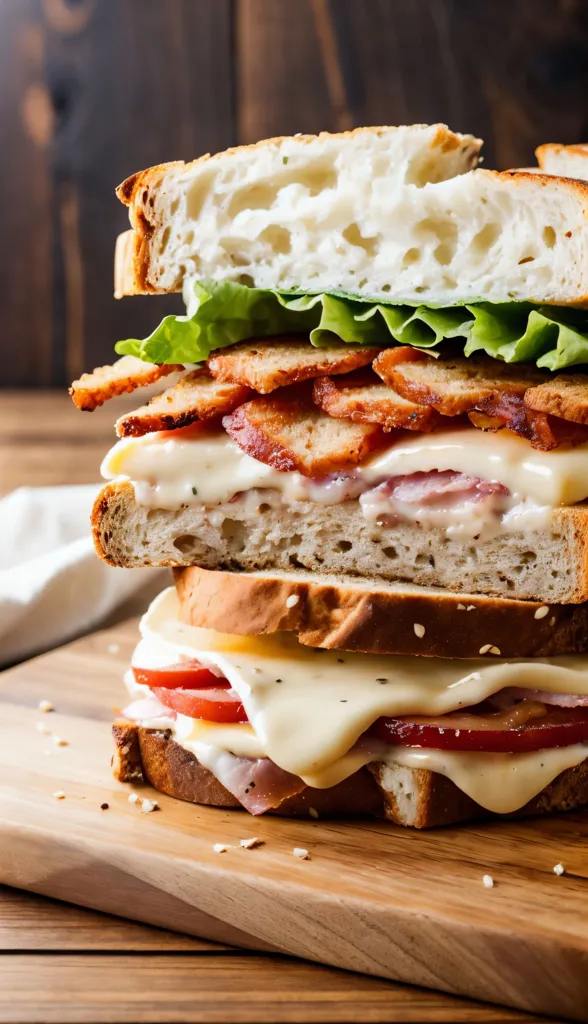 The image shows a sandwich cut in half and stacked on top of the other half. The halves are filled with cheese, lettuce, tomato, and bacon. The bread is toasted and has sesame seeds on it. The sandwich is sitting on a wooden cutting board.