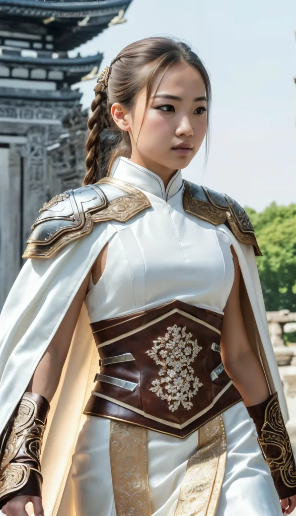 This is a picture of a young woman, probably in her late teens or early twenties. She is dressed in a white and gold colored outfit that looks like a cross between a dress and a suit of armor. The outfit has intricate designs on it. She is wearing a cape and her hair is in a long braid. She has a serious expression on her face and is looking off to the left of the frame. She is standing in front of a stone building with trees in the background.