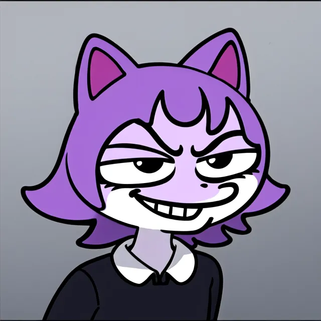 The image shows a purple cat with a mischievous expression on its face. It has its ears perked up and its eyes narrowed in a sly manner. The cat is wearing a dark purple shirt with a white collar. The background is a light gray.