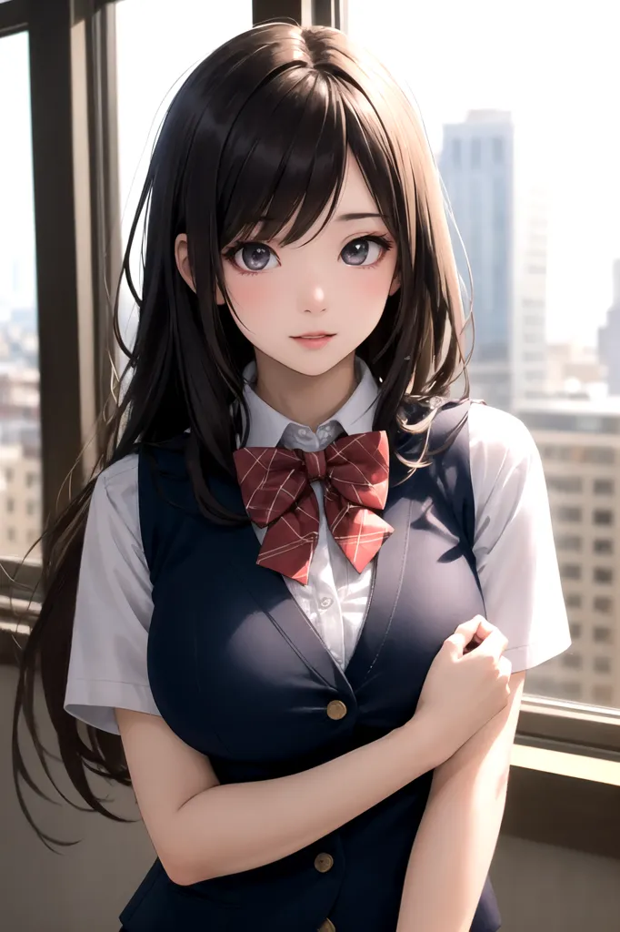 The image is a digital painting of a young woman with long, dark brown hair and purple eyes. She is wearing a white blouse, a navy vest, and a red and white checkered bow tie. She is standing in front of a window, and there is a cityscape in the background. The painting is done in a realistic style, and the artist has paid close attention to detail. The woman's expression is one of calm confidence, and she seems to be lost in thought. The painting is a beautiful and captures the woman's beauty and personality.