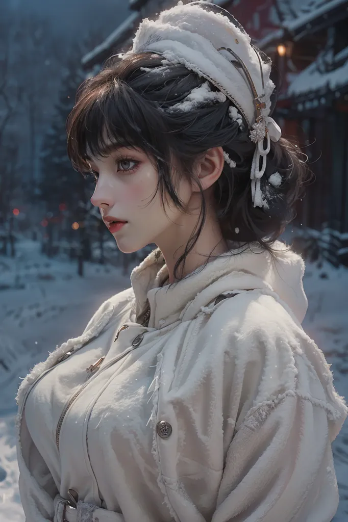 The picture shows a young woman in a white fluffy coat with a hood trimmed with white fur. The hood is decorated with two small golden balls and a white ribbon. The girl has long dark hair, part of which is gathered in a bun on the back of her head and the rest of it flowing loosely over her shoulders. There is a light dusting of snow on her hair and shoulders. The girl's face is turned to the side, and she is looking down with a thoughtful expression. Her skin is fair and flawless, and her eyes are a deep blue color. The girl's lips are slightly parted, and she has a small, delicate nose. She is wearing a light shade of pink blush and lipstick. The background of the picture is a blurred winter landscape with snow-covered trees and houses.