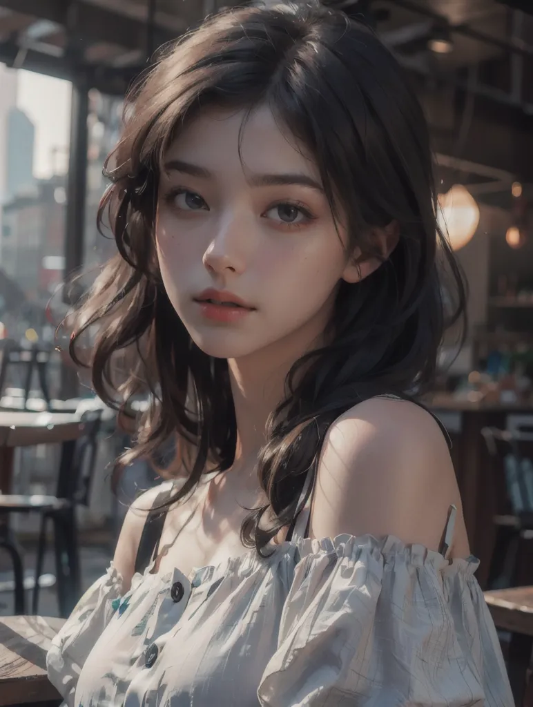 The image is a portrait of a young woman with long, wavy brown hair. She has light skin and light brown eyes. She is wearing a white off-the-shoulder dress with a ruched bodice. The dress has a sweetheart neckline and is trimmed with lace. The woman is sitting in a cafe and looking at the camera. The background is blurred.