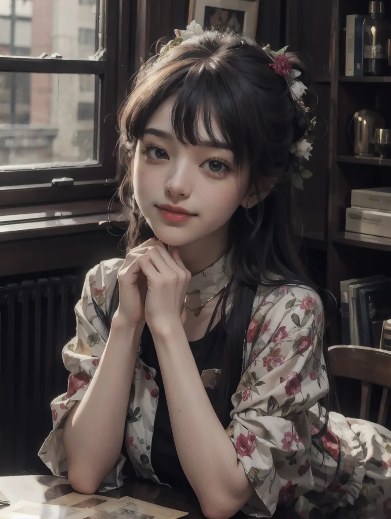 The image shows a young woman with long dark hair and bangs. She is wearing a floral blouse and has a wreath of flowers in her hair. She is sitting at a desk, with books and papers in the background. The woman has a gentle smile on her face and is looking at the viewer.