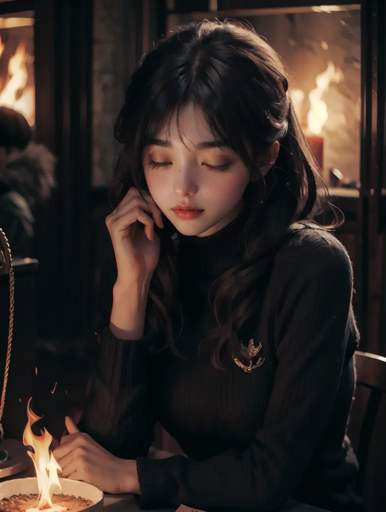 The image is a portrait of a young woman with long dark hair. She is wearing a black turtleneck sweater with a gold brooch. The woman is sitting in a dark room, with a candle on the table in front of her. She is looking at the candle with a thoughtful expression on her face. The background is blurry, but it looks like there is a fireplace behind her.