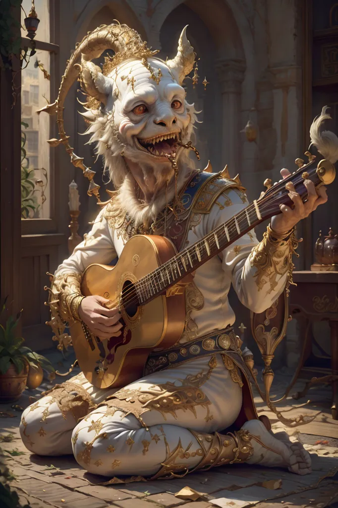 The image is a painting of a creature that is half-man and half-goat. It is playing a guitar and is sitting on the ground. The creature is wearing a white and gold outfit and has a goatee. It has long white hair and gold horns. The background of the image is a blur of a room with a fireplace and a table.