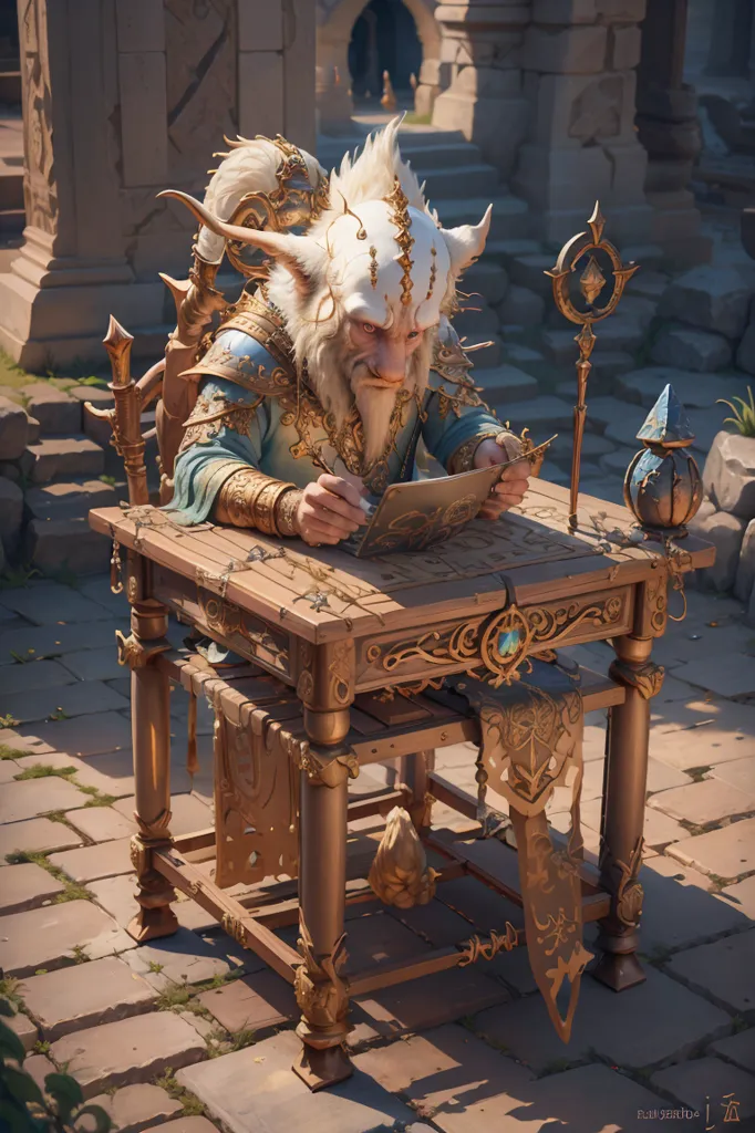 The image shows a white-haired, white-bearded, goat-like creature sitting on a chair in what appears to be a courtyard. The creature is wearing a blue and gold robe and has a quill in its hand. It is writing on a piece of parchment that is on a wooden table. There is an ornate inkwell on the table. The creature has a serious expression on its face and is looking down at the parchment.