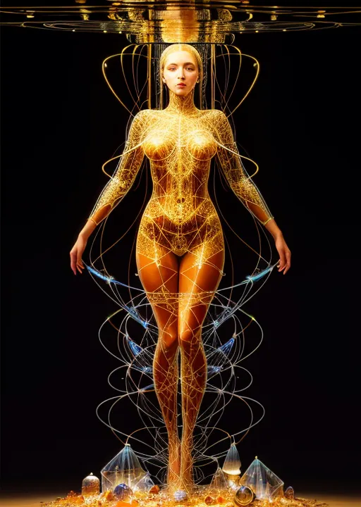 The image is a depiction of a golden woman standing in a dark void. The woman is made of a series of interconnected golden lines and curves, and she is surrounded by a glowing blue aura. She is standing on a platform made of golden crystals, and there are more crystals floating in the air around her. The woman's eyes are closed, and she has a serene expression on her face. The image is very detailed, and the artist has used a variety of techniques to create a sense of realism. The overall effect is one of beauty and mystery.