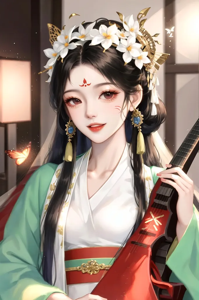 The image shows a beautiful young woman in a traditional Chinese dress. She has long black hair, red lips, and a small red dot on her forehead. She is wearing a green robe with white trim and a red sash. She is also wearing a number of hair accessories, including flowers, butterflies, and a long ribbon. She is holding a pipa, a traditional Chinese musical instrument. She has a gentle smile on her face and seems to be enjoying playing the pipa. The background is a blur of light and dark colors, with two Chinese lanterns in the left corner.