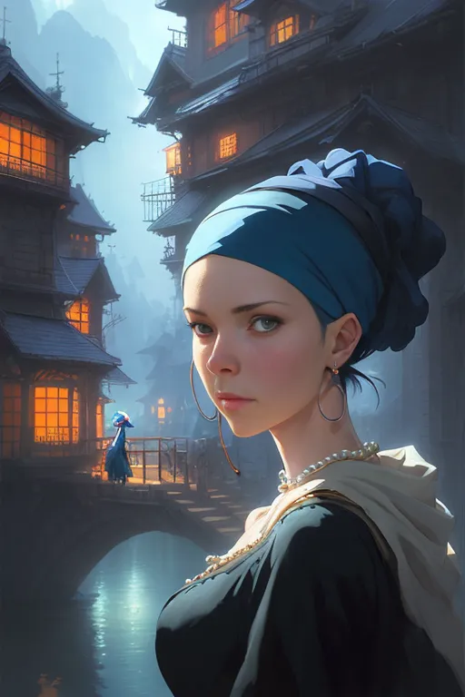 This is an image of a young woman with light brown hair and blue eyes. She is wearing a blue turban and a black dress with a white collar. She is standing in a street with traditional houses and a river in the background. The woman is looking at the viewer with a serious expression.