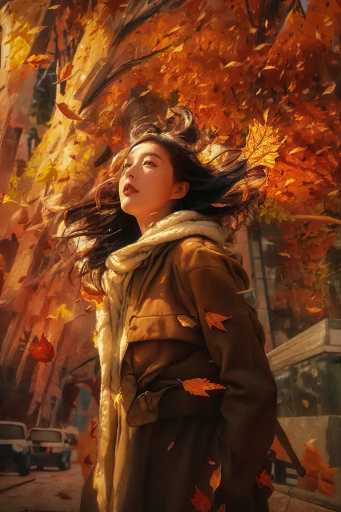 The image is a painting of a beautiful young woman standing in a park in the fall. She is wearing a brown coat and a white scarf. Her hair is long and flowing, and she is looking to the left of the frame. The background is a blur of orange and yellow leaves. The painting is done in a realistic style, and the colors are vibrant and lifelike. The woman's expression is one of peace and contentment, and the painting captures the beauty of the fall season.