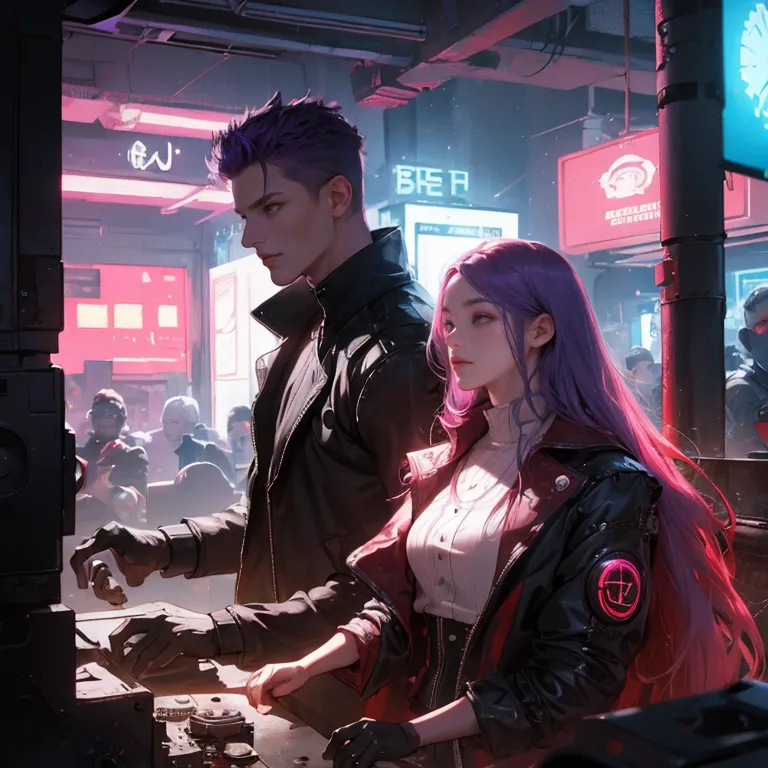 A man and a woman are standing in front of a control panel. The man is wearing a black leather jacket and the woman is wearing a red leather jacket. They both have purple hair. The man is looking at the control panel and the woman is looking at him. There are several other people in the background.