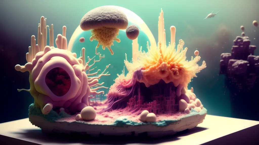 The image is a 3D rendering of an alien landscape. The landscape is made up of strange and colorful plants and creatures. The plants are all different shapes and sizes, and they are all covered in strange and colorful patterns. The creatures are also all different shapes and sizes, and they all have strange and colorful bodies. The landscape is lit by a bright light, and the colors of the plants and creatures are very vibrant. The image is very detailed, and it is clear that the artist has put a lot of thought into creating it.