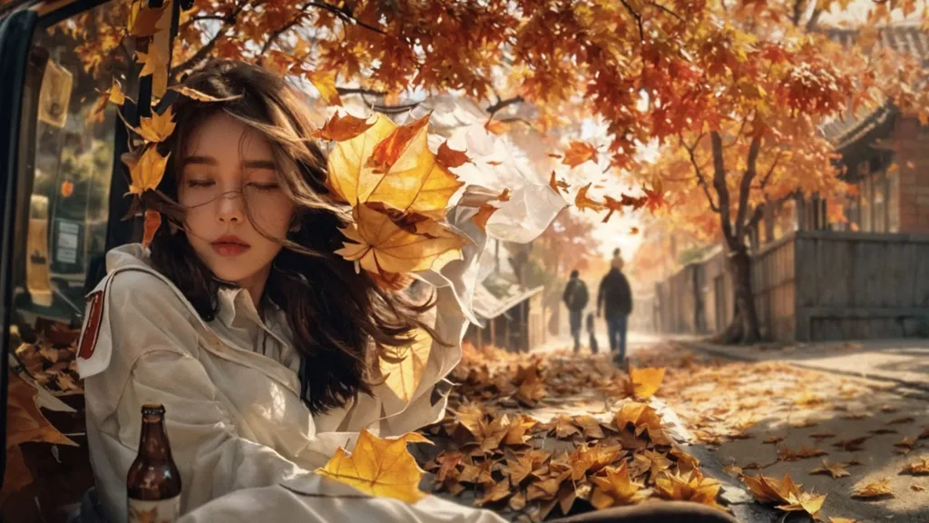 The image is a beautiful depiction of a woman in an autumn setting. The woman is lying on a bed of fallen leaves, her eyes closed and her hair blowing in the wind. She is wearing a light-colored dress and a brown jacket. The leaves are a mix of red, orange, and yellow, and they are falling from the trees in the background. There is a road in the background and two people walking in the distance. The overall effect of the image is one of peace and tranquility.