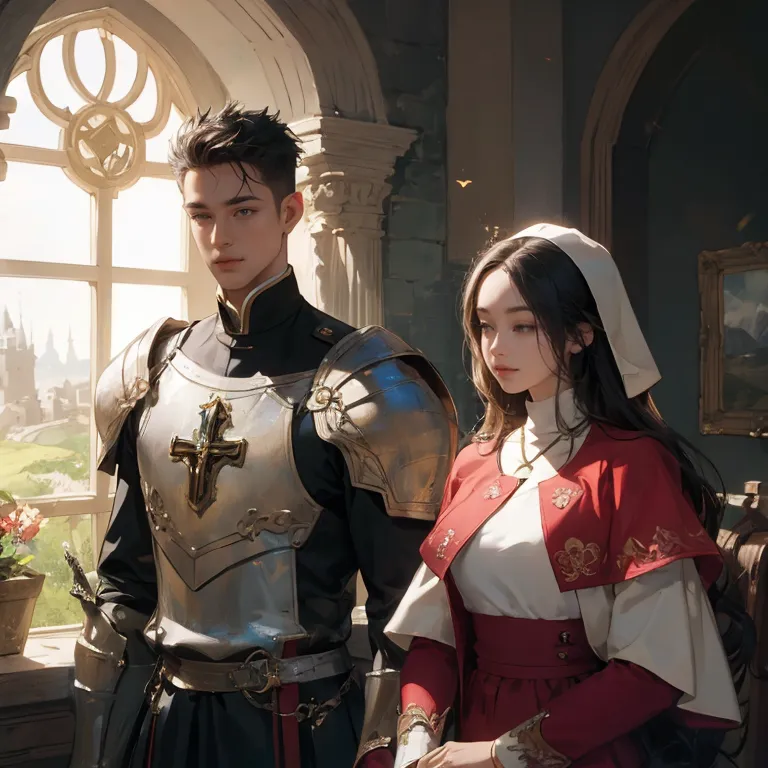 This is an image of a knight and a nun standing together in a room. The knight is wearing silver armor and a black cape, and the nun is wearing a white habit and a red veil. The knight has his hand on the nun's shoulder. They both have serious expressions on their faces. There is a window in the background.