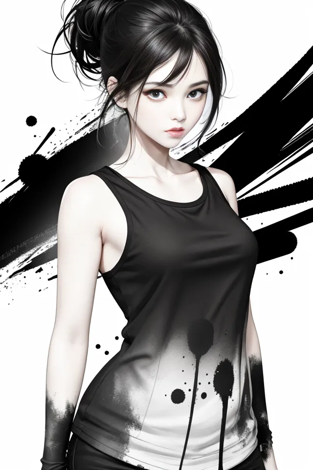 The image is a digital painting of a young woman with long black hair and gray eyes. She is wearing a black tank top and black leggings. The background is white with black ink splatters. The woman is looking at the viewer with a serious expression.